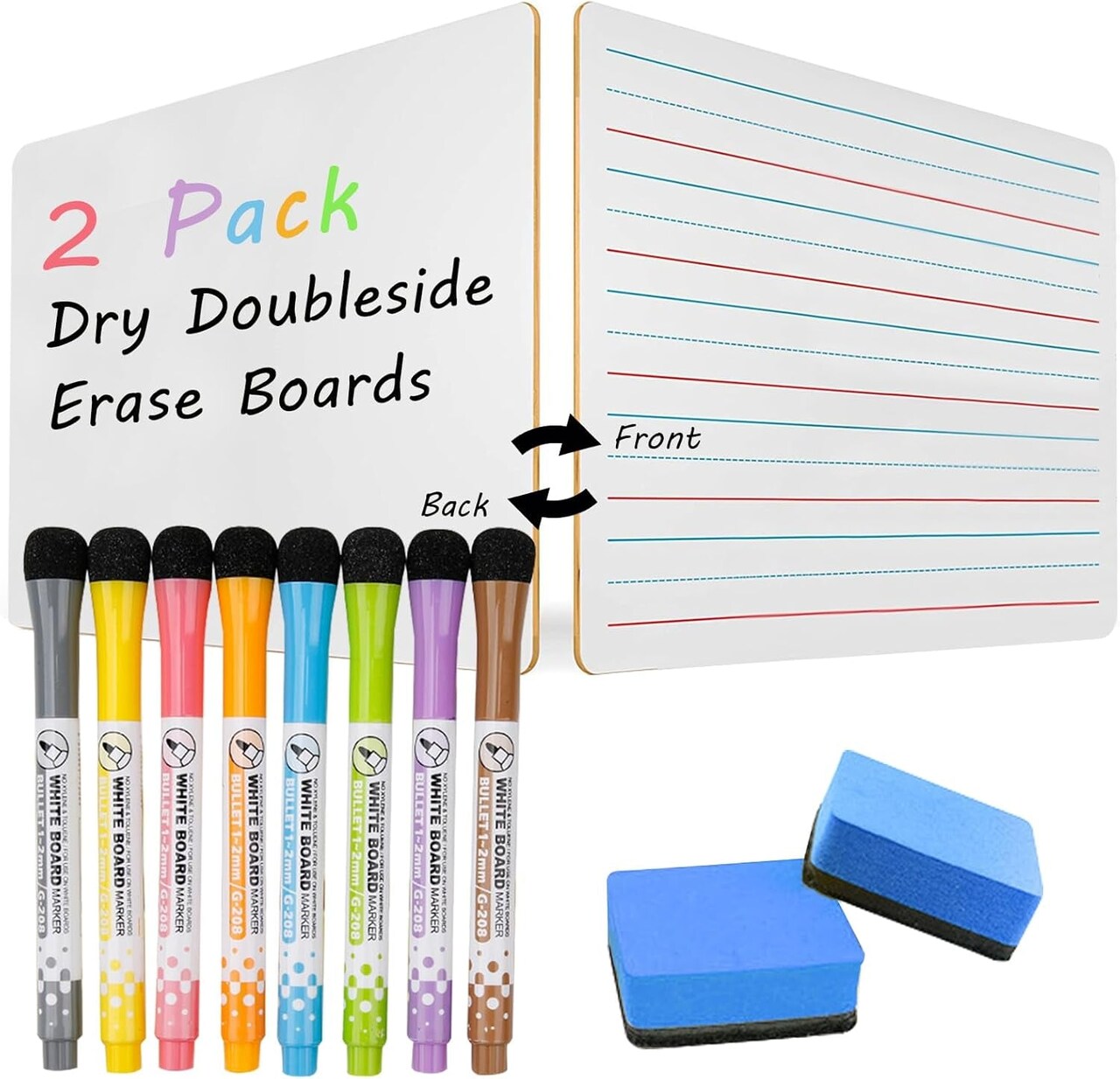 2 Pack 9"X12" Dry Erase Boards, Double Sided Small Whiteboards with Lines for Kids, Students, Education Teacher Classroom, Mini Portable Drawing Learning Lapboards with 8 Colors Pens, 2 Erasers